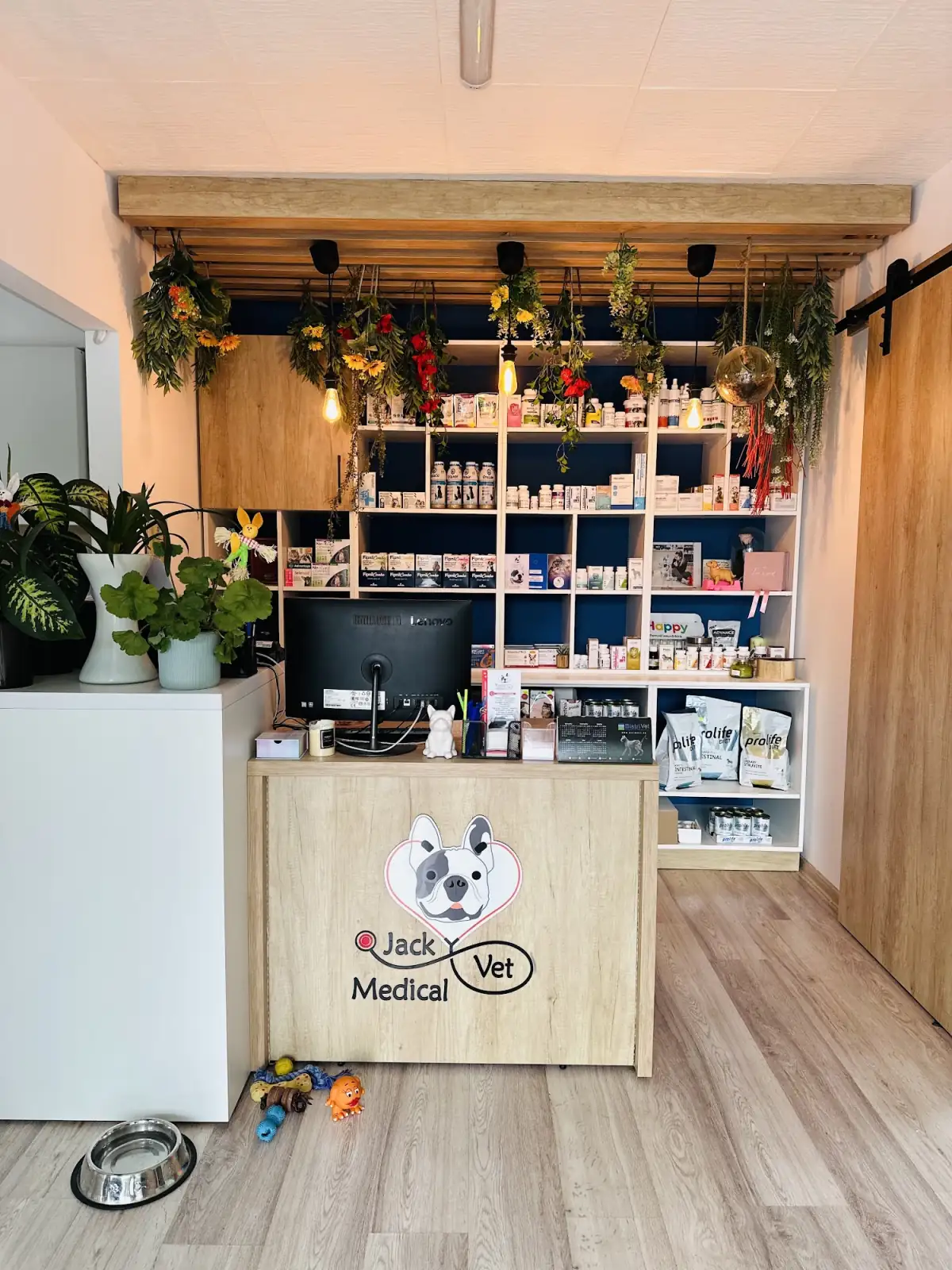 Recepția reală Jack Medical Vet, cu logo-ul lui Jack pe tejghea